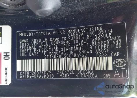 2014 Toyota Corolla S Plus z USA, uszkodzony, nr VIN 2T1BURHE5EC180252